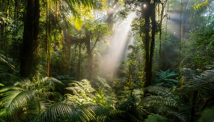 a lush tropical rainforest with sunbeams filtering through the dense foliage