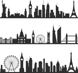 Famous city skylines silhouette illustration, New York, London, Paris landmarks, urban architecture, cityscape icons, travel destinations, world monuments, vector skyline design, black
