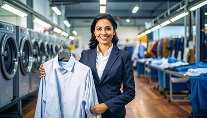 Fototapeta premium Businesswoman in a laundry facility holding a shirt