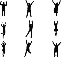 Jumping people silhouette collection, happy man and woman poses, celebration, freedom, joy, dancing, energetic movement, success concept, vector illustration, body language design