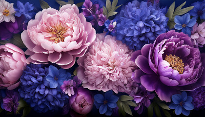 Beautiful Floral Wallpaper Featuring Large Purple Peonies And Smaller Blue Flowers Creating Serene And Elegant Atmosphere