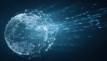Obraz premium A digital representation of the Earth, connected by a network of lines, with light streaks emanating outward