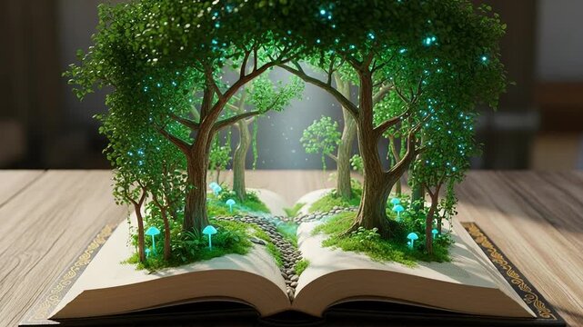 Enchanted Forest Emerging From Open Book on Wooden Table - Powered by Adobe