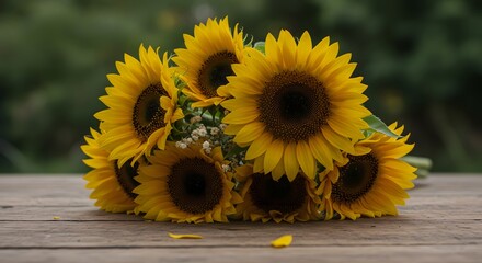 Sunflower bouquet on wooden table