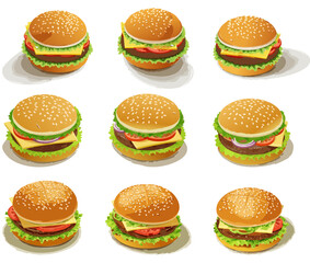 Conjunto de hambúrgueres em vários ângulos diferentes. Vetor