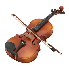 Acoustic wooden violin with a bow resting across its strings isolated on transparent background