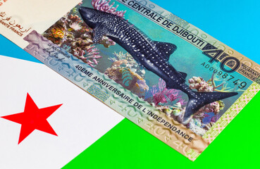 40 Djibouti francs with a portrait of a whale shark and bright coral reefs. Commemorative banknote of 40 years of independence of Djibouti. Djibouti money.