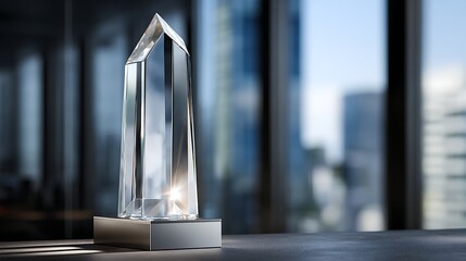 A crystal award on a silver base with a blurred city background in a modern office setting