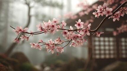 Obraz premium Delicate pink cherry blossoms bloom on a branch with a traditional japanese building in the soft background