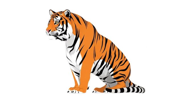 Majestic tiger sitting gracefully on a white surface, showcasing its vibrant orange and black stripes in a serene and powerful pose.