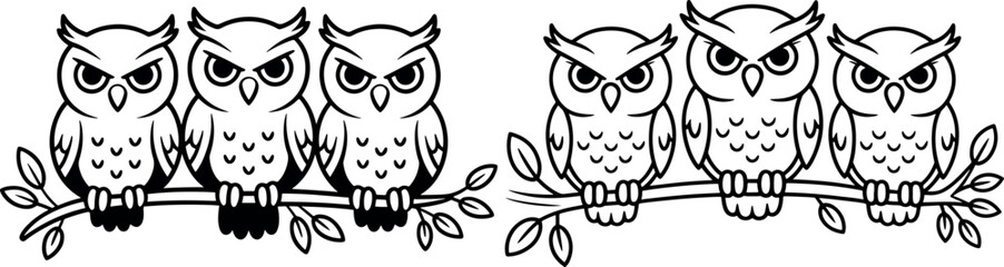 Cute Owl Family on Branch Black and White Vector Illustration Adorable Bird Line Art Drawing