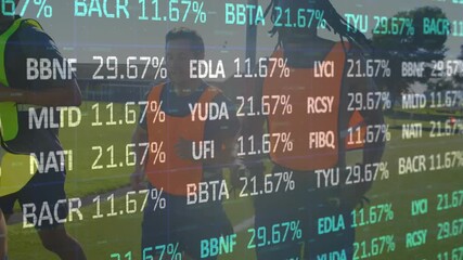 Three male runners in neon bibs jogging on turf showing transparent overlay updating fitness stats