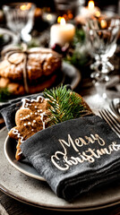 Fototapeta premium A festive Christmas table setting features a gingerbread cookie on a napkin with 