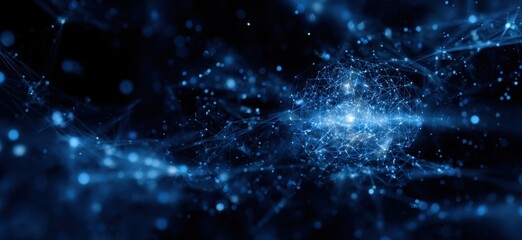 Abstract digital network of glowing particles.  Dark blue, light blue, and white details