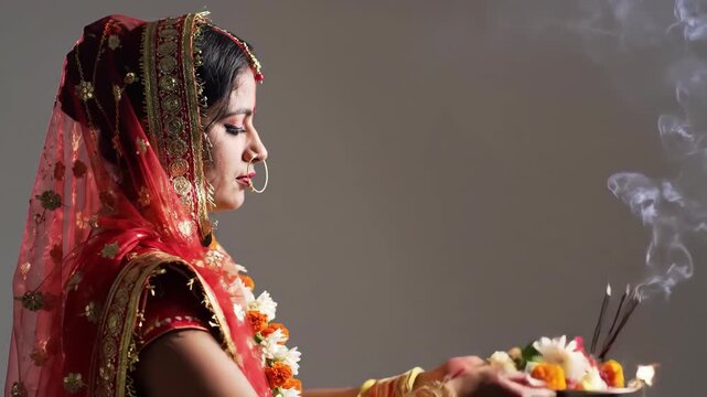 Serene indian bride in traditional attire holding a puja thali with incense sticks, flowers, and offerings during a hindu wedding ceremony, radiating devotion and grace chhath puja