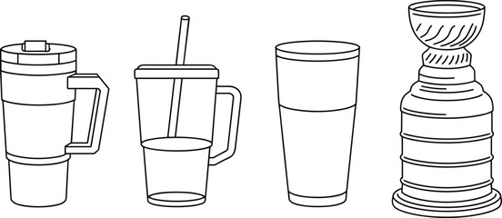 Vector illustration of coffee mug, travel cup, tumbler with straw, reusable drinking glass, trophy cup, beverage container, outline design, kitchenware, drinks