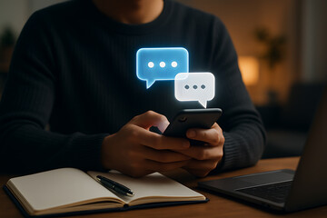 Young adult using smartphone with futuristic chat message icons representing digital communication and online conversation technology
