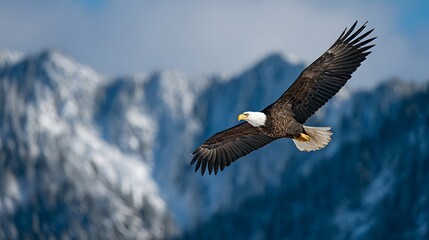 Majestic bald eagle soars gracefully over snow capped mountains in a dramatic aerial display