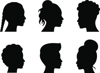 Vector illustration of male and female hairstyle silhouettes, profile head outline, side view portraits, haircut styles, beauty fashion design, black silhouette collection
