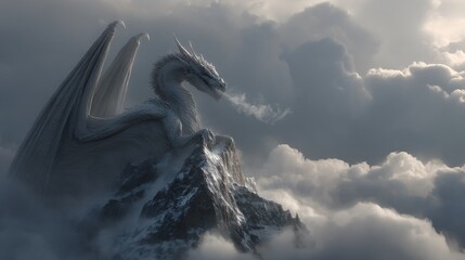 Majestic white dragon soaring through ethereal clouds under soft sunlight