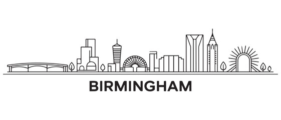 Obraz premium Birmingham Line Art skyline horizontal banner. Birmingham, Alabama. Vector template for your design. with white background