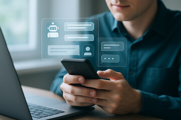 Young man using smartphone with virtual chatbot interface icons representing artificial intelligence online communication