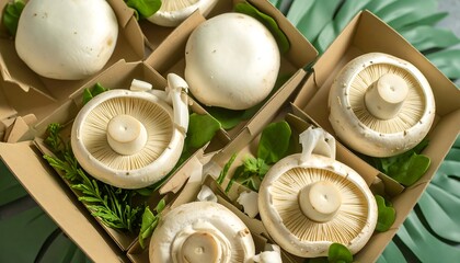 Fresh white mushrooms in a cardboard box