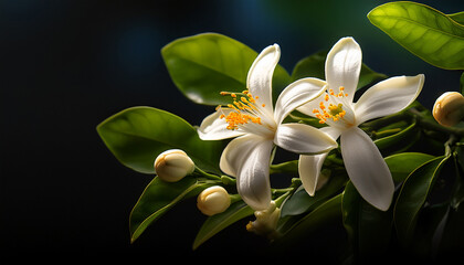 Fototapeta premium Neroli Blossom Branch Low Light Photography Citrus Aurantium