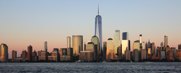New York City skyline with urban skyscrapers and One World Trade Center with Freedom Tower seen from New Jersey