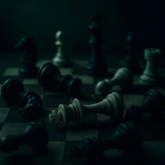 Chessboard with pieces toppled over under eerie lighting.