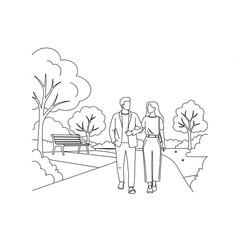 A man and a woman walking together in a park, black line drawing, white background.