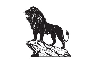Majestic roaring lion silhouette standing proudly on a rocky outcrop