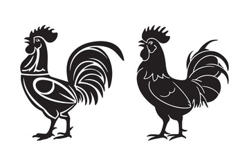Two stylized black roosters facing left on white background