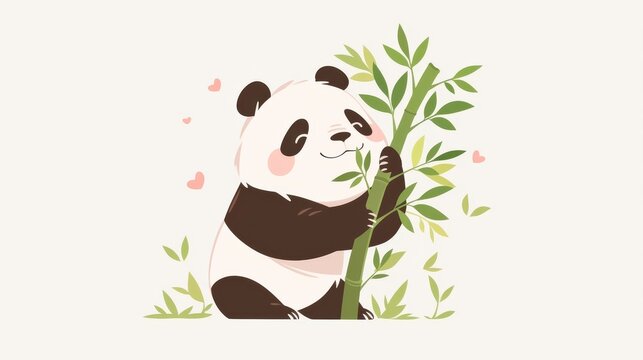 A cute cartoon panda with black patches holds a green bamboo stick, chewing leaves with a contented smile,
