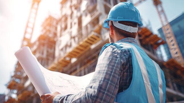 Construction worker examining blueprint at building site with cranes and scaffolding overhead