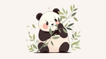 A cartoon panda sits contentedly on the ground,