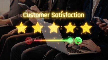 Visual representation of customer satisfaction featuring emojis and star ratings. Individuals...