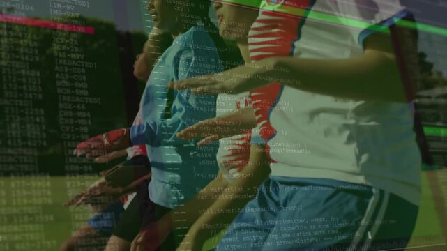 Six soccer players performing warm-up on pitch, camera shifting revealing code overlay showing data - Powered by Adobe