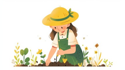 A cheerful cartoon girl in a yellow hat and green outfit plants a yellow flower in lush garden soil,