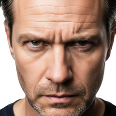 Fototapeta premium Intense portrait of a man with a serious expression and wrinkled forehead transparent background