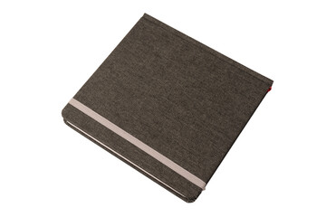Grey notebook with blank pages isolated on a white background.