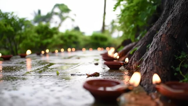 Earthen lamps illuminate a path during diwali, the festival of lights, casting a warm glow on a rainy day, symbolizing hope and new beginnings chhath puja