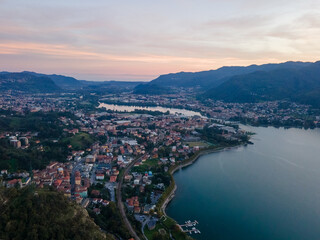 Fototapeta premium Aerial landscape Lago di Garlate Lake Lecco Como mountains Italian Alps Fall sunset in Lombardy