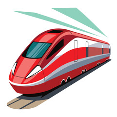 Fototapeta premium Red highspeed train with white and gray stripes, isolated on white background, symbolizing modern transportation and fast travel