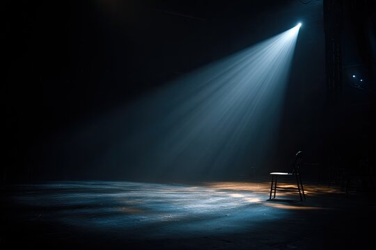 Empty stage, spotlight illuminates a single chair