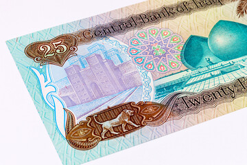 25 Dinars Iraq, banknote 1986 with the image of Martyr Monument and Ishtar Gate. Old money of Iraq.