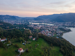 Obraz premium Aerial landscape Lago di Garlate Lake Lecco Como mountains Italian Alps Fall sunset in Lombardy