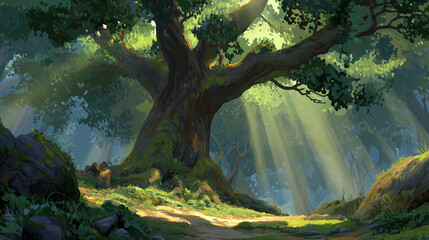 An artistic depiction of a forest path bathed in sunlight. A large, moss-covered tree dominates the scene, with beams of light filtering through its green leaves. Rocks covered in moss line the path, 