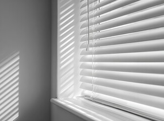 Obraz premium Sunlight filtering through white blinds, casting diagonal shadows on a wall