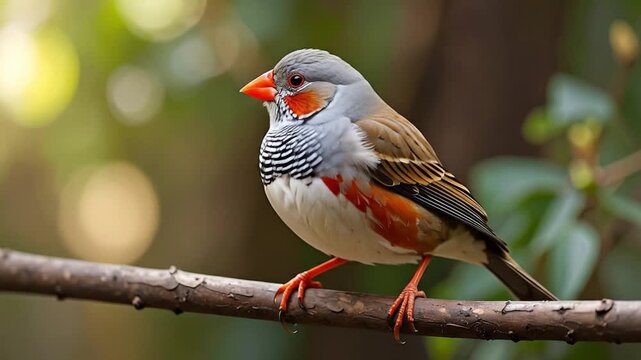 Macro footage of Zebra Finch &ndash; Taeniopygia guttata Perched and Looking around on Branch in Nature
